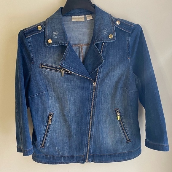 Chicos Moto Jean jacket Small 4/6. Zippers, pockets, distressing. Gorgeous! - Picture 1 of 16